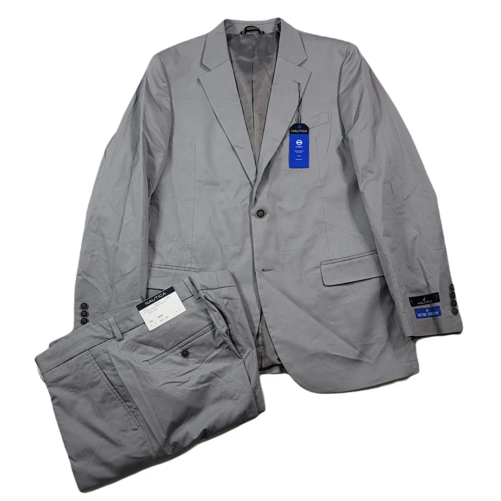 Nautica Cotton Suit‎ Mens 42L 2 Piece Pants 36x32 Modern-Fit Stretch Grey NEW